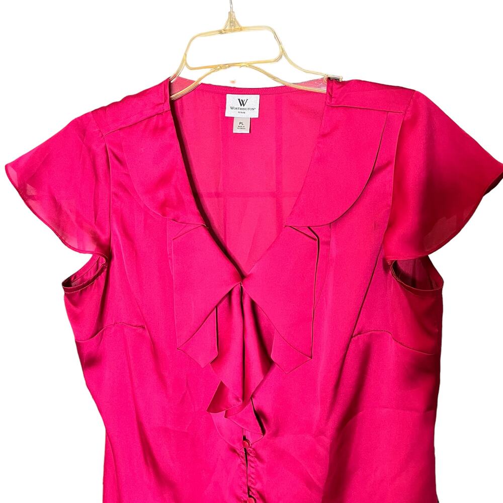 Worthington Pink Button Front Blouse Cap Sleeve Bow Petite Large - Picture 3 of 10